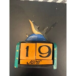 Hand Carved Wooden Perpetual Desk Calendar Dolphin Whale Nautical Folk Art Decor